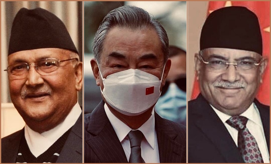 चिनियाँ विदेशमन्त्रीलाई भेट्दै ओली र प्रचण्ड