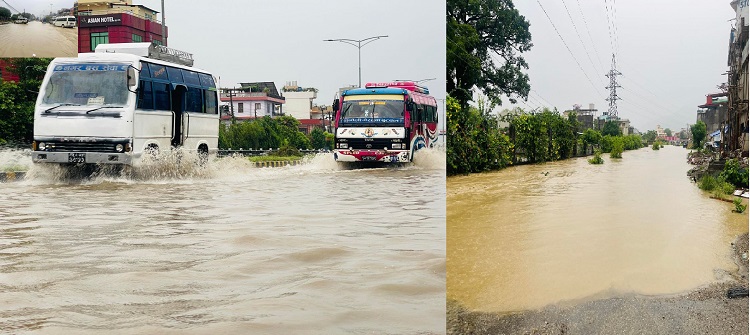 बुटवलको मुख्य सडकमै बाढी पस्यो