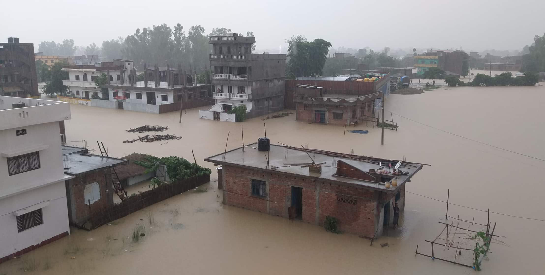 भिषण वर्षाका कारण गाईघाट बजारका दर्जनाैं घर र पसल डुबानमा